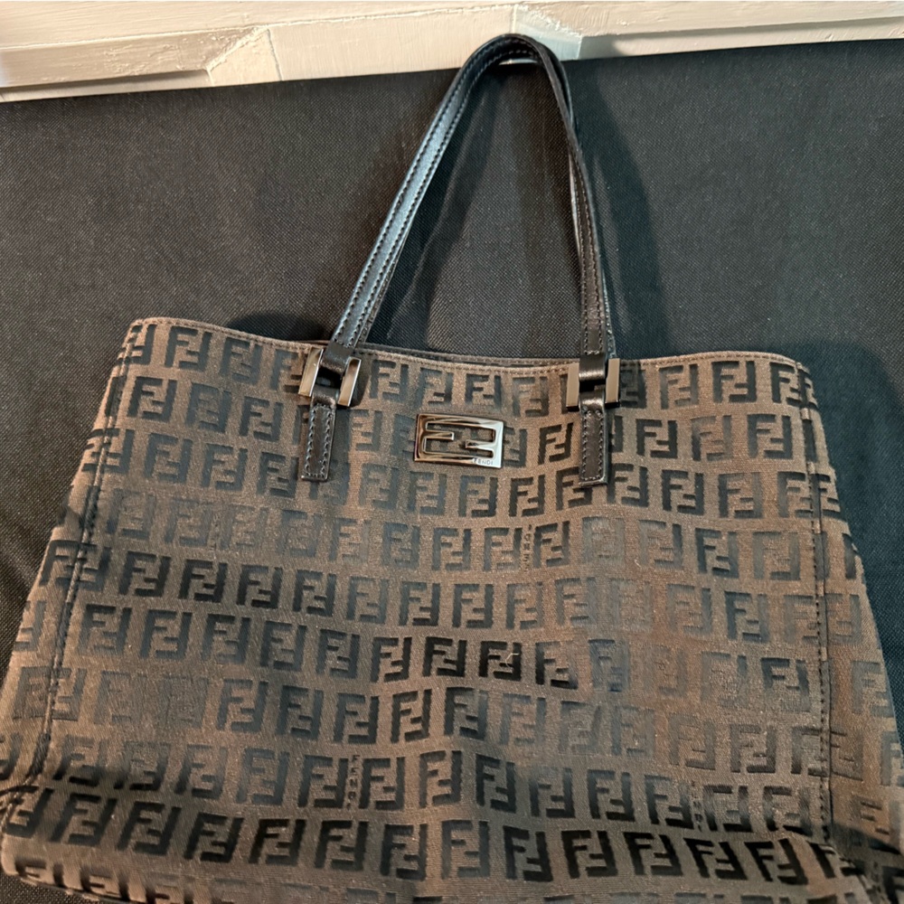 Fendi Black Brown Zucca Tote with Gold-Tone Logo Vintage - Picture 4 of 6